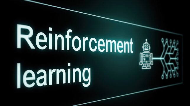 Digital display showing reinforcement learning text alongside robot and neural network icons on dark background