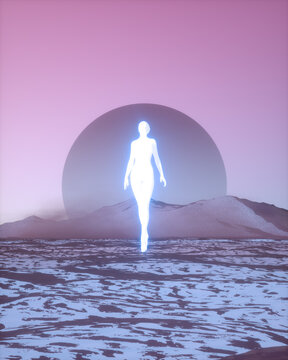 Surreal glowing humanoid figure levitating over a barren dune landscape at sunset