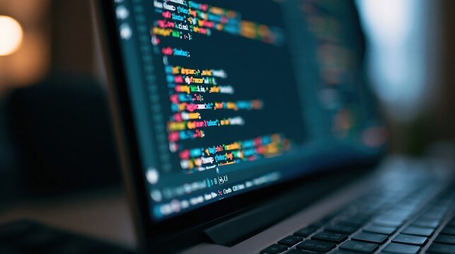 Close-up of a laptop screen displaying colorful programming code lines with blurred keyboard in foreground