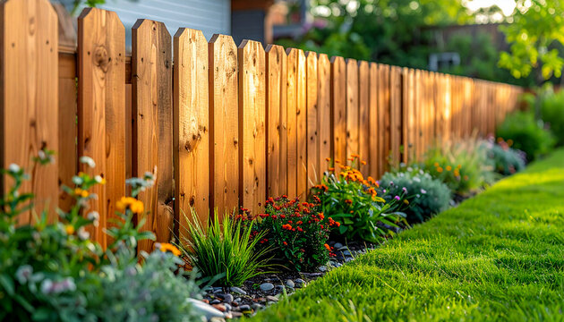 Natural Wooden Garden Fence Surrounded by Flowers and Fresh Green Lawn
木のフェンスと草花、緑の芝生が広がる自然と調和した庭
