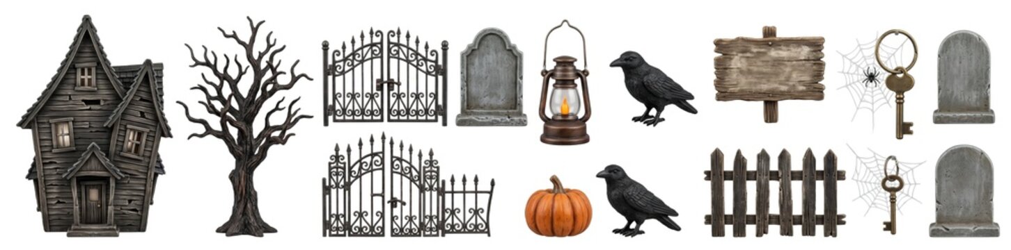 Decorative items include a spooky house, a bare tree, lanterns, crows, a pumpkin, gates, tombstones, a fence, a sign, and keys. These items are set on a white background