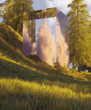 Surreal mirror archway portal reflecting clouds and trees on a sunny grassy hill