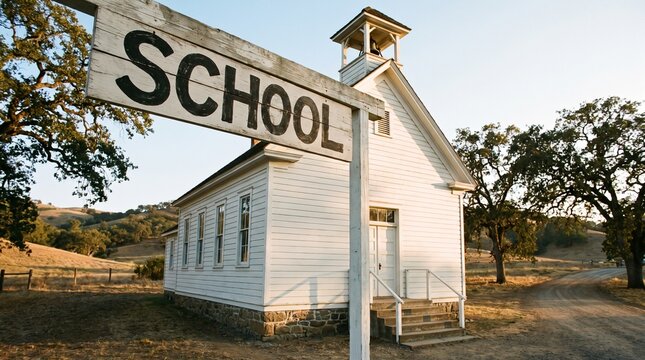 Vintage one-room schoolhouse illustration with weathered wooden sign and rural landscape backdrop