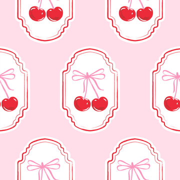 Vector pink seamless pattern with watercolor cherry and ribbon bows. Hand drawn red berries background print design