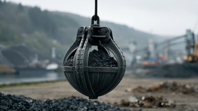 Heavy industrial crane claw filled with black coal suspended over a port yard, highlighting raw energy resources