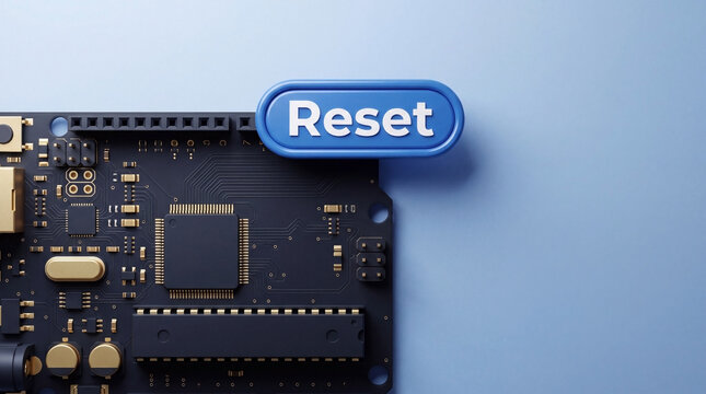 3D reset button icon on circuit board background with electronic, microchip