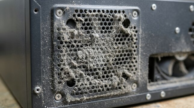 Clogged mesh vent of electronic hardware covered in thick gray lint and dust particles close up view for maintenance concept dust vent mesh electronic hardware computer dirty maintenance clean fan