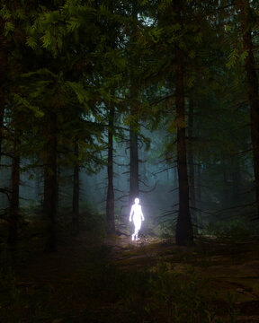 Glowing ethereal humanoid figure walking through a dark dense pine forest at night