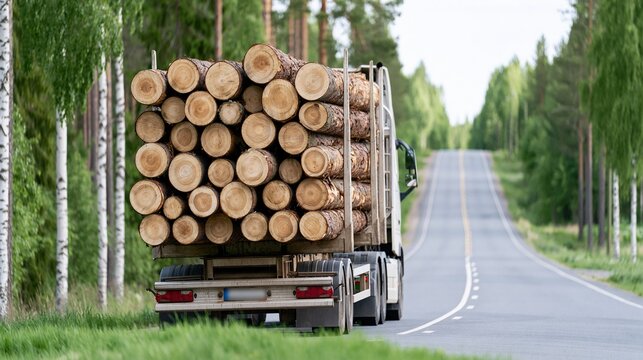 Heavy truck transporting a large load of cut timber logs along a paved road through a dense green forest.
