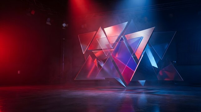 Abstract geometric glass triangles with red and blue cinematic lighting in dark room