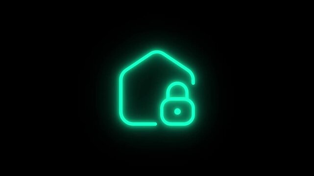 Neon turquoise house outline icon with padlock symbol for security glowing