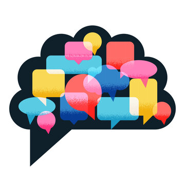 Vector human brain and multicolored speech bubbles. Creative thinking innovation ideas, mental health, education concept