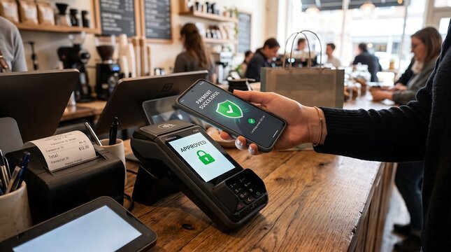 Customer Making Contactless Mobile Payment at Coffee Shop Counter