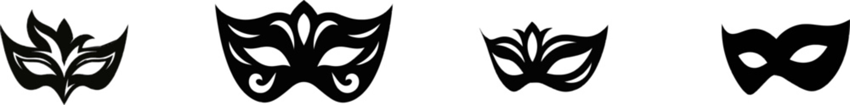 A premium black and white flat vector icon of an ornate Venice carnival mask, solid black lines and fills, modern UI style, exclusive minimalist design, isolated on a pure white background