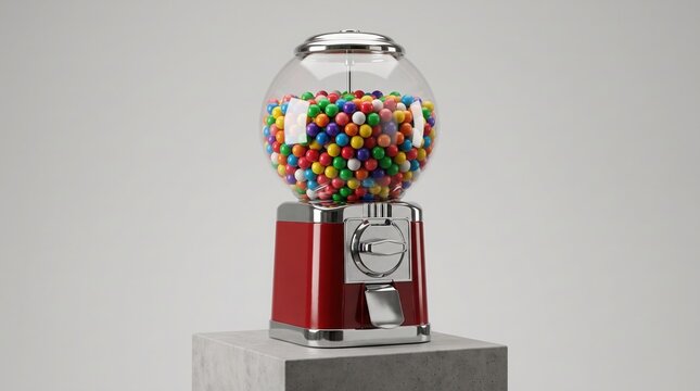 Classic red vintage gumball machine filled with colorful bubble gum balls on a concrete pedestal. Retro sweet candy dispenser mockup on a light grey background.