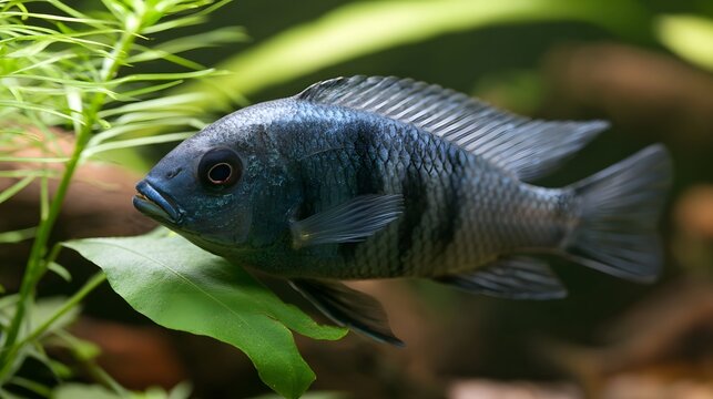 A dark blue cichlid fish swims gracefully near green aquatic plants in a clear  natural underwater environment