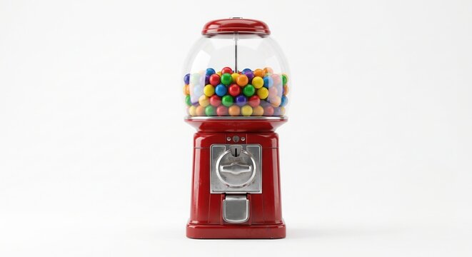 Classic red vintage gumball machine filled with colorful round bubble gum candies isolated on a white background. Retro sweet dispenser mockup for kids.