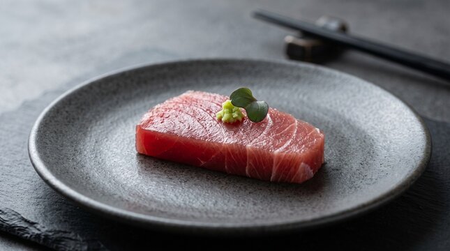 Fresh tuna sashimi with wasabi on ceramic plate, premium raw bluefin tuna steak, gourmet japanese seafood appetizer