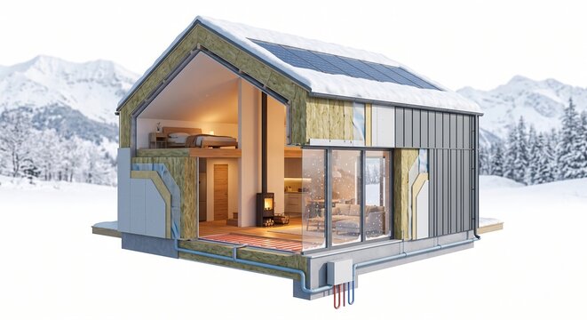 3D cross-section of a modern energy-efficient house in winter. Showing wall insulation, solar panels, underfloor heating, and cozy interior design. Sustainable architecture concept.