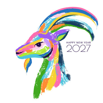 Vector watercolor goat, 2027 New Year illustration. Holiday print design for banner, poster, greeting card, invitation