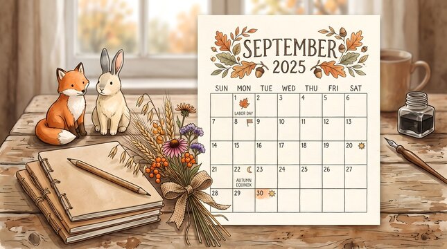 September 2025 calendar page with autumn decorations and cute animal figurines on desk