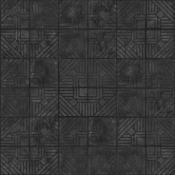 Dark monochromatic architectural texture featuring a geometric grid of modular panels resembling embossed concrete courtyard tiles, cast stone surfaces, or contemporary textured wall paneling.  
