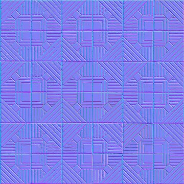 3D tangent-space normal map texture designed for computer graphics and 3D modeling applications. The detailed surface pattern is used to simulate intricate geometric features, depth, bumps, grooves.