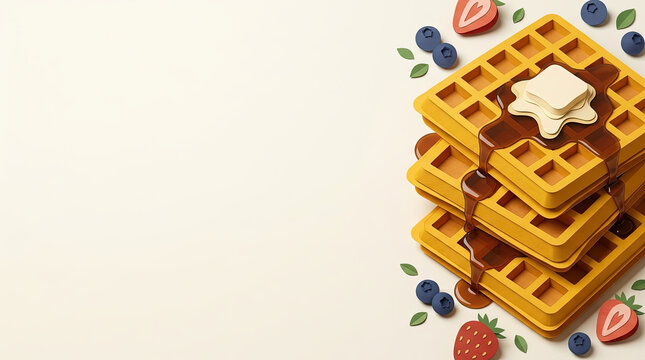 Stack of papercraft waffles with dripping syrup and butter. Creative paper art breakfast illustration. Copy space for text