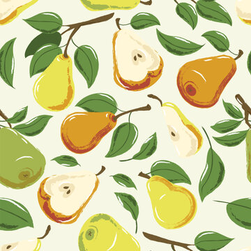 Vector watercolor pear seamless pattern. Hand drawn fruit background. Wrapping paper, fashion textile print design