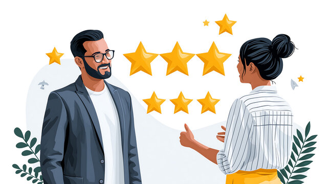 businessman receiving five star customer rating feedback illustration representing satisfaction review quality service and excellent performance evaluation concept design