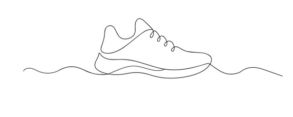Fototapeta premium Single line drawing of a running shoe. Continuous line drawing of a lightweight athletic sneaker designed for running and exercise. Representing fitness, speed, and active lifestyle.