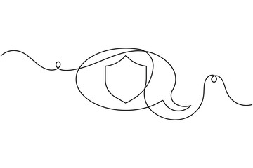 Obraz premium Security shield in speech bubble icon sign continuous one line drawing on white background minimalist single art defense of message and conversation symbol editable outline vector illustration
