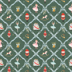 Fototapeta premium Watercolor Christmas Nutcracker Seamless Pattern with Ballerina, Mouse King and Ribbon Lattice