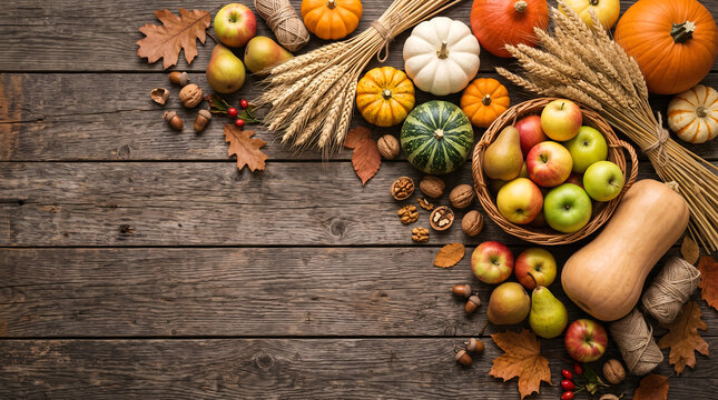 Autumn harvest border with apples pumpkins and wheat on wooden background