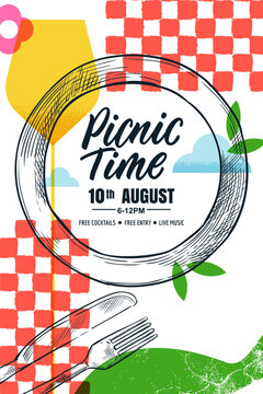 Vector sketch art collage with plate, fork, knife on checkered pattern. Design for barbecue party banner, picnic poster