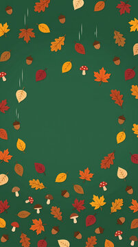 Green vertical background with falling autumn leaves and mushrooms pattern