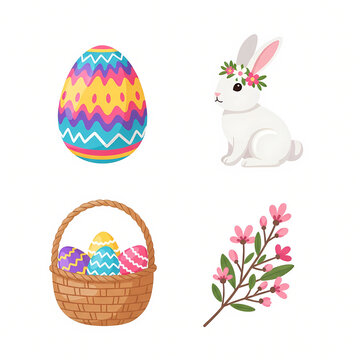 Colorful Easter Egg Bunny Basket and Spring Flowers Vector Set