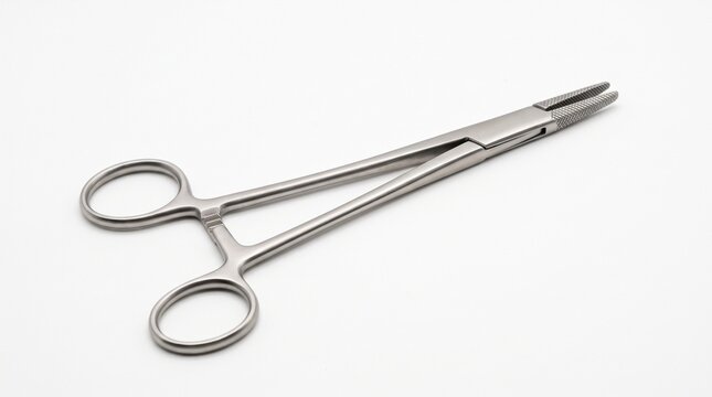 Stainless steel surgical needle holder medical instrument on white background.