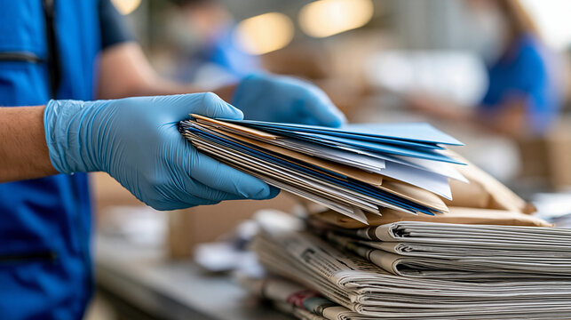 Mail carrier organizing letters, parcels and newspapers inside a busy post office, postal service, work ethic, mail sorting, logistics, communication, newspaper distribution,