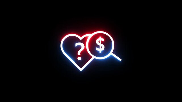Neon heart icon with question mark and dollar sign inside magnifying glass digital animation