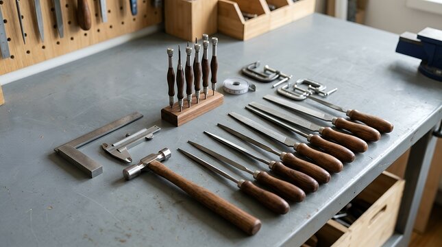 Precision Metal Hand Workshop Instruments Wooden Handle Gray Surface Table Backdrop metal tools instruments clean gray surface wooden handle stick file workshop craft carpentry hardware equipment