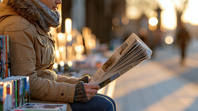 Person reading a newspaper beside a traditional newsstand on a sunlit city street at sunset, journalism, daily news, urban lifestyle, print media, evening atmosphere, nostalgic
