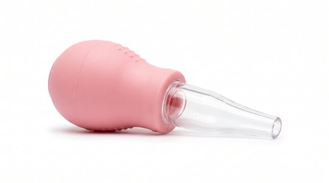 Pink baby nasal aspirator bulb syringe isolated on white background.