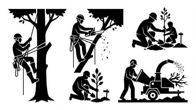 Set of professional tree care and planting icons illustrating arboriculture services and forestry work for landscaping and conservation projects