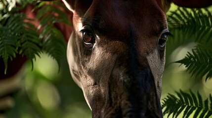 Naklejka premium Okapi close up looking through ferns