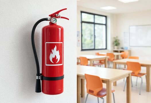 
Red fire extinguisher mounted on classroom wall symbolizes school safety, emergency preparedness, fire protection, education, prevention, equipment, security, training, students, teachers, facility, 