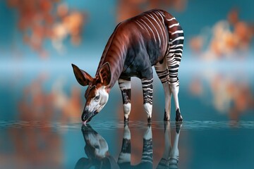 Naklejka premium Okapi drinking water with reflection