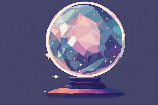Crystal ball with geometric facets and glowing stars on a dark purple background