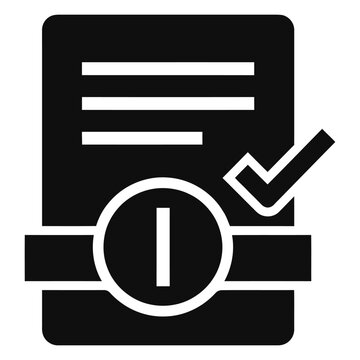 Black and white vector icon of verified document with information symbol and checkmark document verified approved information business isolated