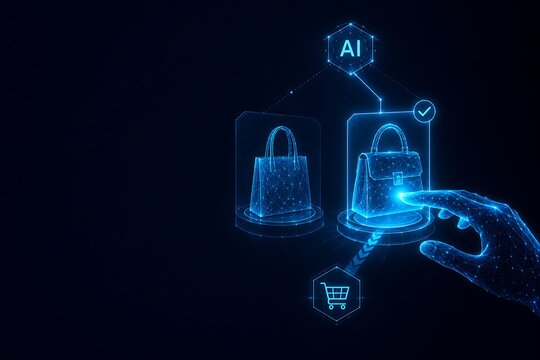 Hand touching digital handbag product selection holographic interface. AI personal shopping agent with shopping personal artificial intelligence hologram. AI personal shopping agent